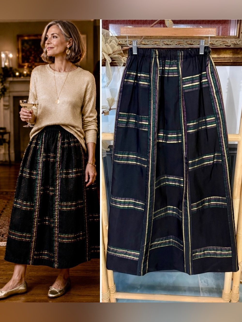 Vntg Mr Hank Black Gold Metallic Plaid Maxi Skirt Elastic Waist A-Line Sz S 💚🍄✨